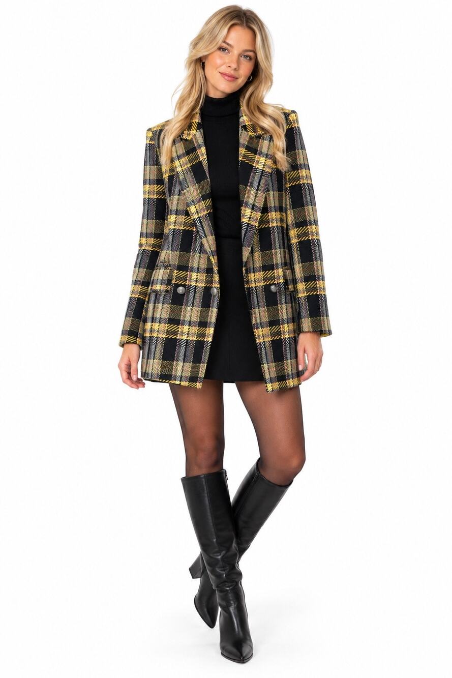 Zara Black, White, Yellow & Red Plaid Double Breasted Blazer